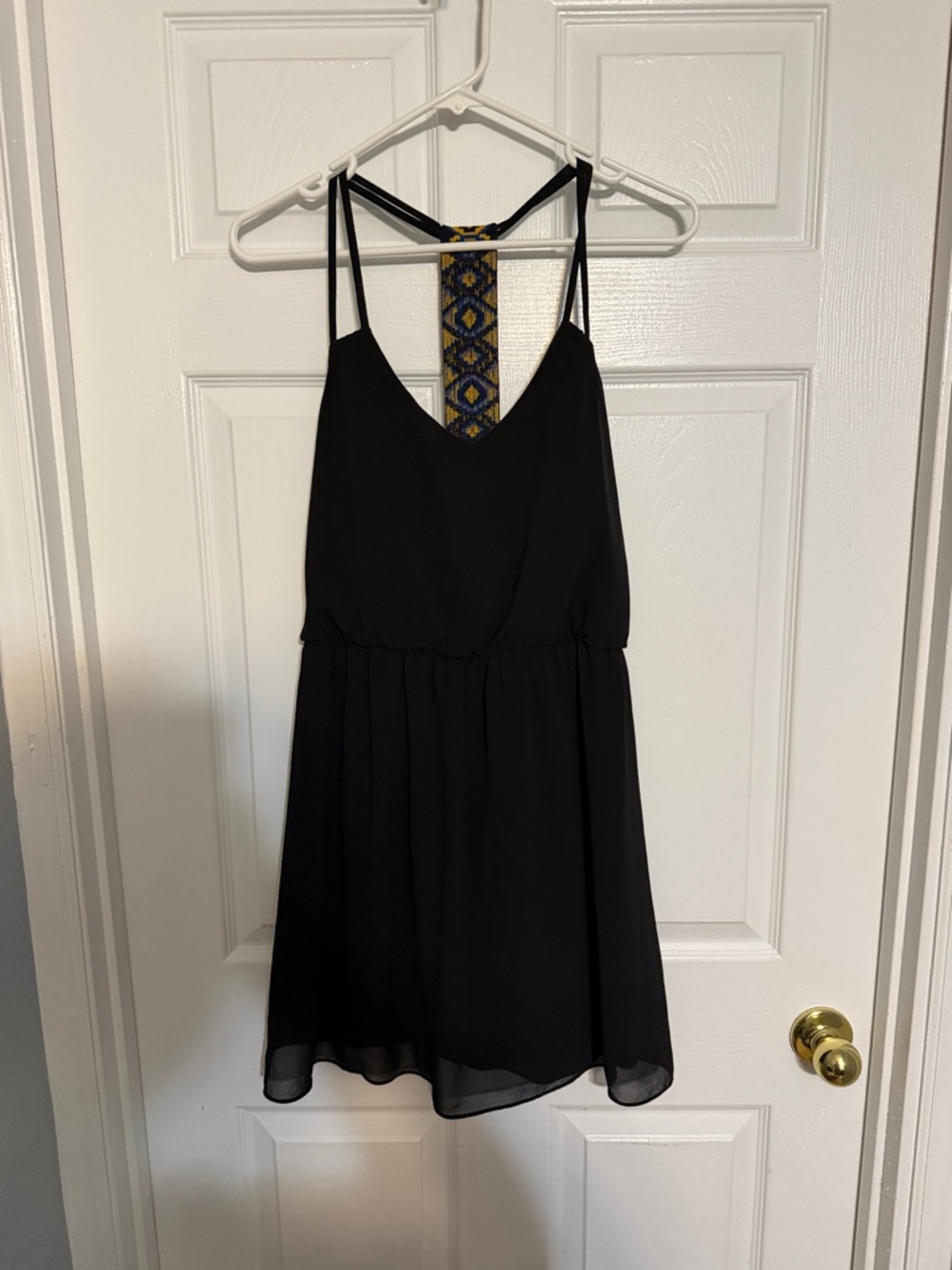 A. Byer Black Mini Dress with Yellow & Blue Embroidered Back Strap